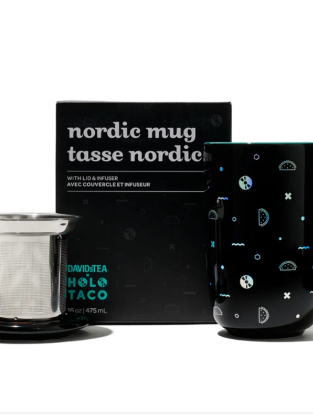 NIB DAVIDsTEA x Holo Taco Holographic Nordic Mug – 16 oz Black Tea Cup & Infuser